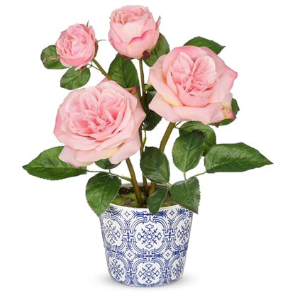 Hollyone Pink Real Touch Roses Artificial Flowers in Vase Blue and White Porcelain Ceramic Pot 13.4" Fake Roses Flower Arrangement Artificial Plants & Flowers Potted Plant Faux Silk Rose Flower - color: Rose 3 - Pink (13.4inch)