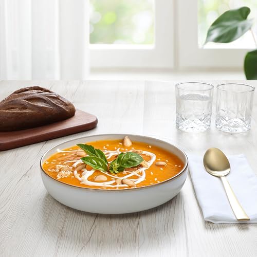 E-far Stoneware Pasta Bowls Set of 4, 35oz Double Reactive Glaze | Wide & Shallow Ceramic Pasta Plates for Serving Salad Soup Dinner, Dishwasher & Microwave Safe, Seashell White - color: Seashell White