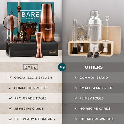 BARE BARREL® Mixology Bartender Kit Bar Set | 14-Piece Cocktail Shaker Set | Martini Barware Mixing Tools for Home Bartending | Incl. 35 Recipe Cards | Gift Set (28oz Boston Shaker, Copper/Black) - color: Copper/Black
