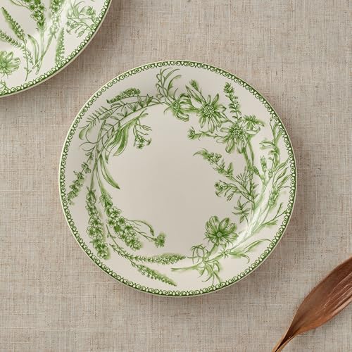 Bico Green Garden Toile De Jouy Salad Plates Set of 4, 8.75 Inch Ceramic Dessert Plates for Salad, Appetizer, Side Dishes, Microwave and Dishwasher Safe, Gift for Housewarming and Thanksgiving - color: Green Garden Toile De Jouy