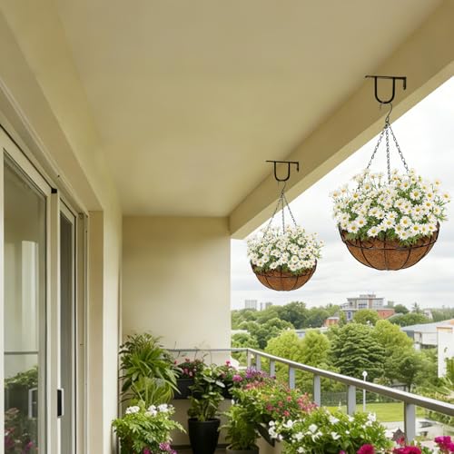 6 Pack 12 inch Metal Hanging Baskets for Plants, Round Metal Wire Hanging Basket Planter with Coco Fiber Liners Chain for Garden Home Porch Patio, Flower Border - size: 12" x 6 Pack, style: Flower Border