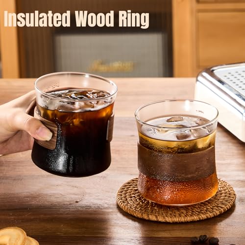 PARACITY Espresso Cups Set of 2, 14 oz Borosilicate Glass, Wooden Rings | Clear cups fit espresso machines for espresso shots, coffee, tea and latte; removable wooden rings help limit heat transfer - size: 14 Ounces (2 pack)