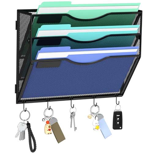 Gawerk Hanging Wall File Organizer, 3 Tier | 5 Hooks, Wall Mounted, Sturdy Mesh, For Office Home - size: 3 Tier