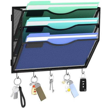 Gawerk Hanging Wall File Organizer, 3 Tier | 5 Hooks, Wall Mounted, Sturdy Mesh, For Office Home - size: 3 Tier