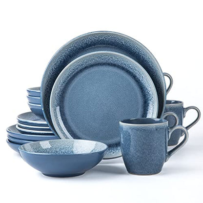 Arora FAIT Round Stoneware 16pc Dinnerware Set for 4, Dinner Plates, Side Plates, Cereal Bowls, Mugs - Reactive Glaze Blue (463014) - color: Blue-Bowl/Mug, style: Round-Service for 4(16pcs)