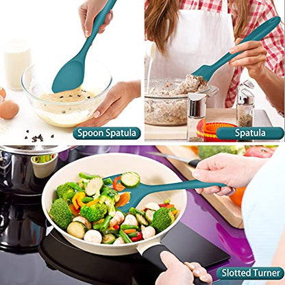 P&P CHEF Blue Kitchen Utensils, Silicone Cooking Utensil Set of 7 | Soft Spatula for Nonstick Cookware, Slotted Turner, Soup Ladle, Pasta Server, Spoon for Cooking, Dishwasher Safe & Heat Proof - color: Blue