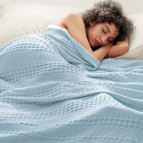 PHF Cooling Waffle Blanket Twin Size for College Dorm, Lightweight 60% Rayon from Bamboo & 40% Cotton Breathable Blanket for Hot Sleepers, Summer Use, Soft Luxury for Bed Couch Sofa, 66"x90", Sky Blue - color: Sky Blue, size: Twin(66 " X 90")