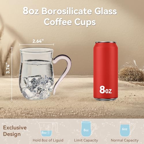 COMI Glass Coffee Cups,8oz Clear Coffee Cups Set of 6,Lightweight Glass Mugs with Colorful Handles,Heat Resistant & Explosion-Proof, Perfect for Home, Cafe, Office