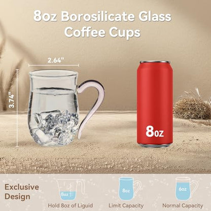 COMI Glass Coffee Cups,8oz Clear Coffee Cups Set of 6,Lightweight Glass Mugs with Colorful Handles,Heat Resistant & Explosion-Proof, Perfect for Home, Cafe, Office