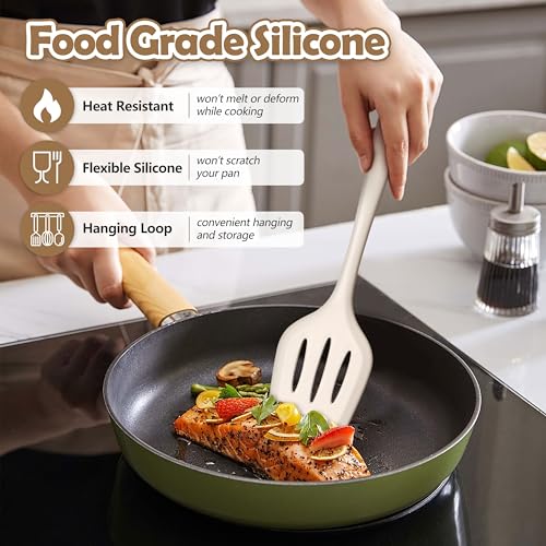 LIANYU 14 Pcs Silicone Cooking Utensils Set with Holder, Khaki | Kitchen Utensils Set for Non-Stick Cookware, 446°F Heat Resistant Cooking Tools with Comfort Grip Handle, Dishwasher safe - color: Khaki