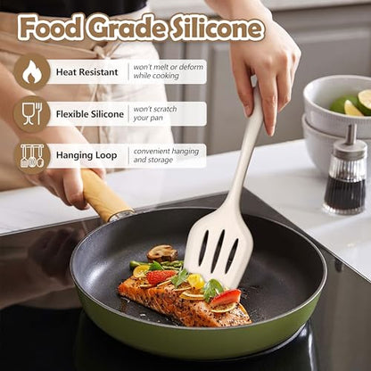 LIANYU 14 Pcs Silicone Cooking Utensils Set with Holder, Khaki | Kitchen Utensils Set for Non-Stick Cookware, 446°F Heat Resistant Cooking Tools with Comfort Grip Handle, Dishwasher safe - color: Khaki
