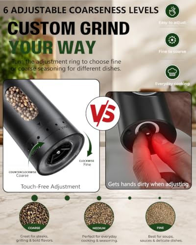 COOLMI Electric Salt and Pepper Grinder Set with Charging Base, 110ml | Rechargeable 2-Pack With 6 Grind Settings, LED Light, Ceramic Grinding Cores, 110ml Top-Fill Chambers, And One-Hand Operation