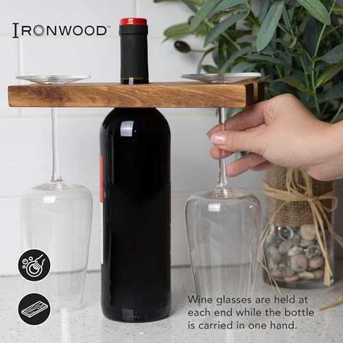 Ironwood Gourmet Acacia Wood Wine Glass Holder for Wine Bottles, Holds 2 Wine Glasses - size: 1 Bottle and 2 Glasses