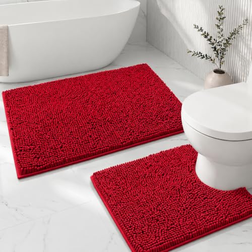 Bathroom Rugs Sets 2 Piece,Super Absorbent Soft,Thick,Machine Washable Chenille Bath Mat,Non Slip Toilet Floor Rug,Bath Mats for Bathroom,20x32 Plus 20x20 U Shape,Red - color: Red, size: 1'8" x 2'8" (20x32''+20x20''U shape)