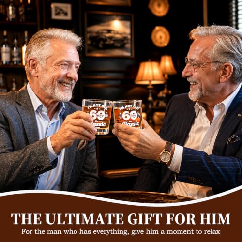 60th Birthday Gifts for Men - "I'm Not Old I'm Classic" Whiskey Glass Set | 6 Whiskey Stones, Coaster, Pipette, Tongs & Greeting Card, Perfect 60th Birthday Surprise for Dad, Grandpa Who Loves Scotch - style: 60th Mens Gifts
