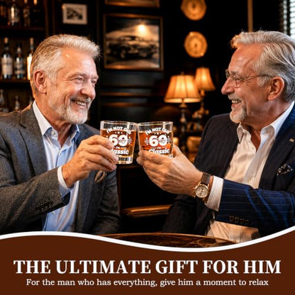60th Birthday Gifts for Men - "I'm Not Old I'm Classic" Whiskey Glass Set | 6 Whiskey Stones, Coaster, Pipette, Tongs & Greeting Card, Perfect 60th Birthday Surprise for Dad, Grandpa Who Loves Scotch - style: 60th Mens Gifts