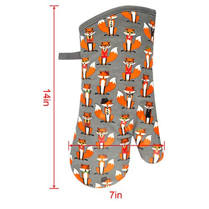 Oven Mitts 1 Pair, Non Slip Clear Silicone Printed Rooster Kitchen Gloves | Heat Resistant 480 ℉ Comfortable Cotton Lining Kitchen Men Cooking Barbecue Machine Washable (Fox, Gray Mittens) - color: Fox, Gray Mittens