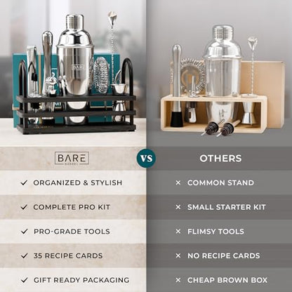 BARE BARREL® Mixology Bartender Kit Bar Set | 14-Piece Cocktail Shaker Set | Martini Barware Mixing Tools for Home Bartending | 35 Recipe Cards | Gift Set (24oz Cobbler Shaker, Silver/Black) - color: Silver/Black