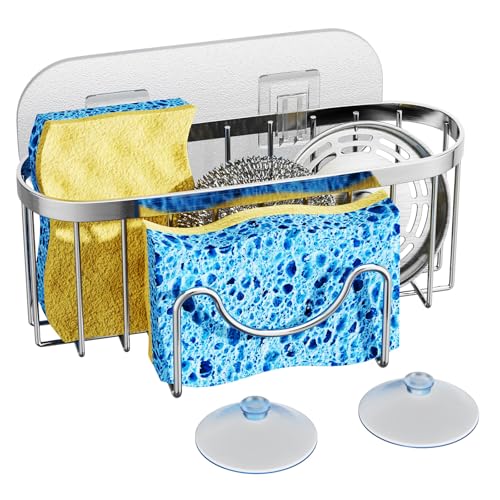 HapiRm Kitchen Sponge Holder for Sink - 2 Installation Methods Kitchen Sink Caddy Organizer with Unique M-Shaped, Rustproof Stainless Steel Sponge Caddy - Silver (Large) - color: Silver, size: with M-shaped Holder (Large)