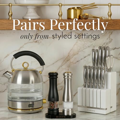 Styled Settings Electric Salt and Pepper Grinder Set, Black & silver | Automatic Stainless Steel Grinders, LED Light, Battery Operated, Adjustable Coarseness, Wood Base, Salt And Pepper Mill - color: Black & Silver