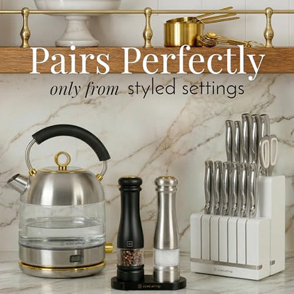 Styled Settings Electric Salt and Pepper Grinder Set, Black & silver | Automatic Stainless Steel Grinders, LED Light, Battery Operated, Adjustable Coarseness, Wood Base, Salt And Pepper Mill - color: Black & Silver