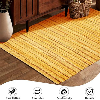 Chindi Area Rug 3x5 Feet - Mustard | Cotton Woven Rugs for Bedroom, Easy Clean Boho Throw Carpet - color: Mustard, size: 3 x 5 feet