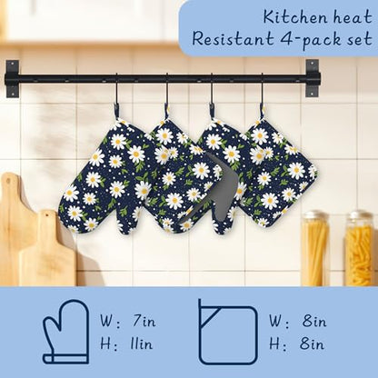 Heat Resistant Pot Holders and Oven Mitts,Daisy Flower Extra Long Kitchen Oven Mitt Set,Navy Blue Cotton Lining Anti-Slip Waterproof Kitchen Mittens Hot Pan Holder for Baking Cooking Grilling - color: Daisy Flower
