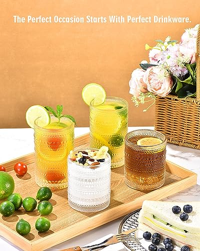 ISMASOAN Vintage Hobnail Drinking Glasses Set of 8, 14oz &12oz Cocktail Cup | Beaded glassware with vintage bubble texture. Highball cups for kitchen use, whiskey, juice, water, beer and daily drinks - style: Dewdrop Surface