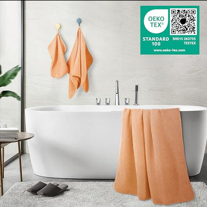 POLYTE 430 GSM Poly Blend Microfiber Quick Dry Waffle Bath Towel Set of 6 | 2-Body Towels, 2-Hand Towels, 2-Wash cloths, Oversize, Lint Free - color: Orange