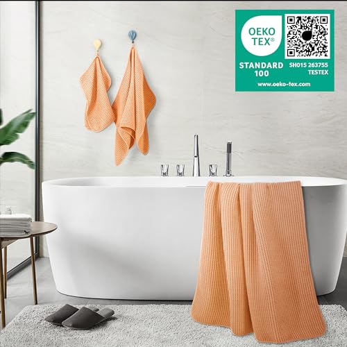 POLYTE 430 GSM Poly Blend Microfiber Quick Dry Waffle Bath Towel Set of 6 | 2-Body Towels, 2-Hand Towels, 2-Wash cloths, Oversize, Lint Free - color: Orange