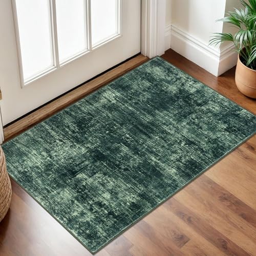 Small Abstract Area Rug 2x3 Ft Entryway Rugs Washable Door Mat Indoor Entrance, Rubber Backed Throw Rugs, Printed Faux Wool Non Slip Floor Carpet for Foyer Front Door Sink, Dark Green - color: Dark Green, size: 2' x 3' (Rectangular)