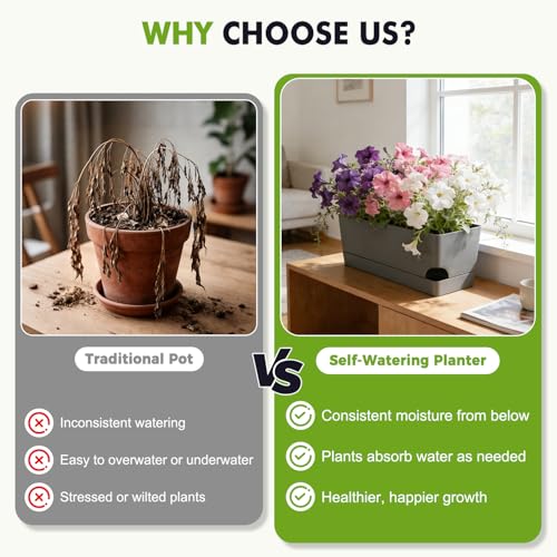 2 Pack Rectangle Self Watering Pots for Indoor Plants 17 Inches Window Boxes Planters Rectangular Flower Pots Herb Large Plant Pots with Drainage Holes and Saucers Windowsill Planter, Grey - color: Gray
