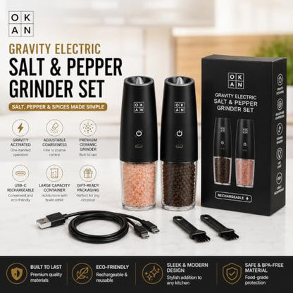 Automatic Electric Gravity Salt and Pepper Grinder Set, Rechargeable, One-Hand Operation, Dual USB-C Charging Cable, Adjustable Ceramic Burr, LED Light, 3.4 Oz - color: Black