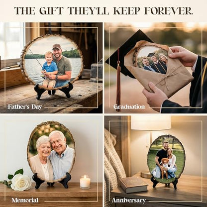 Custom Photo Frame Personalized Photo Prints on Rustic Live Edge Wood | Reclaimed basswood with real bark, optional engraved back message, wall hardware or easel, rustic farmhouse decor