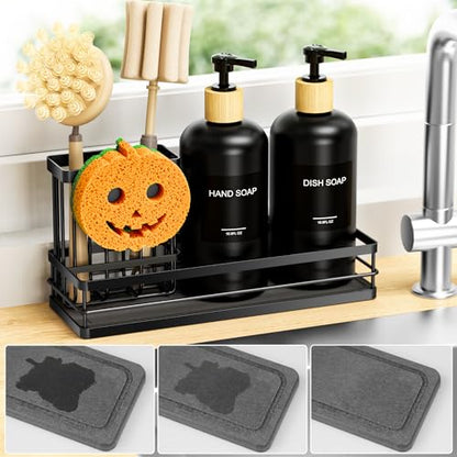 Moforoco Kitchen Dish Soap Dispenser Set, 16OZ Glass Bottle, Hand and Dish Soap Dispenser Set, Instant Dry Tray, Brush Holder with Smiley Face Sponge Holder (Black Tray+Black Bottle+Labels) - color: Black Tray+black Bottle+labels