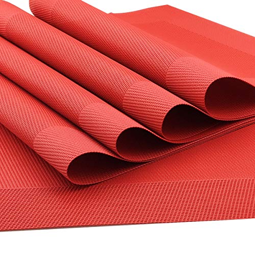 Vinyl Red Placemats Heat Resistant Dining Table Mats Non-Slip Washable Place Mats Set of 6 （Red） - color: Red