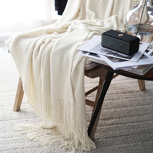 LOMAO Knitted Throw Blanket with Tassels Bubble Textured Lightweight Throws for Couch Cover Home Decor (Cream, 60x90) - color: Cream, size: 60x90"