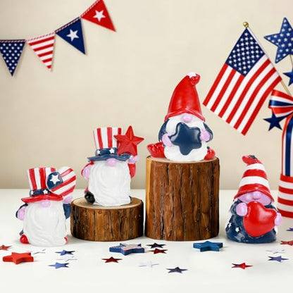 4th of July Decorations Patriotic Gnome Figurines, 4 Pcs Small Resin Gnome Statues, Red White and Blue Memorial Day Decor for Home Outdoor Garden Tiered Tray Shelf Mantel Tabletop Centerpieces