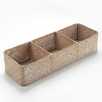 Whitewash Seagrass Storage Basket Woven Shelf Baskets for Bathroom Vanity Dresser Organizer 14.6inch x 4.7inch x 3.1inch - color: 3 Sections without Lid White