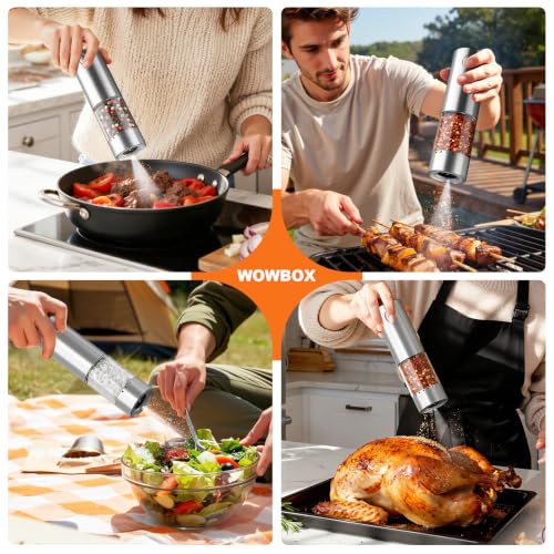 WOWBOX Electric Salt and Pepper Grinder Set, 2 PCS Rechargeable 95L Large | Stainless Steel, Large Capacity, Electric Grinding System, Kitchen Seasoning Tool, BBQ Outdoor Restaurant, With LED light
