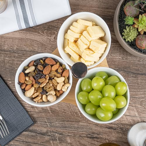 Restaurantware-15 Ounce Bowl Set with Tray - 1 Dishwashable Serving Set, Includes 3 Porcelain Bowls And 1 Bamboo Tray, Durable, White Porcelain And Bamboo Bowl And Platter Kit, Reusable, Freezable - size: Triple set, style: Incline