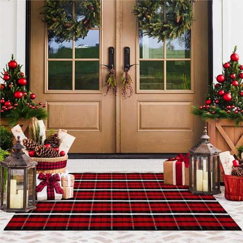 KIMODE Christmas Door Mat Outdoor 24"X51",Red/Black Buffalo Plaid Rug,Washable Cotton Hand-Woven Layered Door Mats,Reversible Outdoor Christmas Decor for Front Porch,Entryway,Kitchen | Christmas Doormat,24"X51",Buffalo Plaid,Cotton Hand-Woven,Layered Door