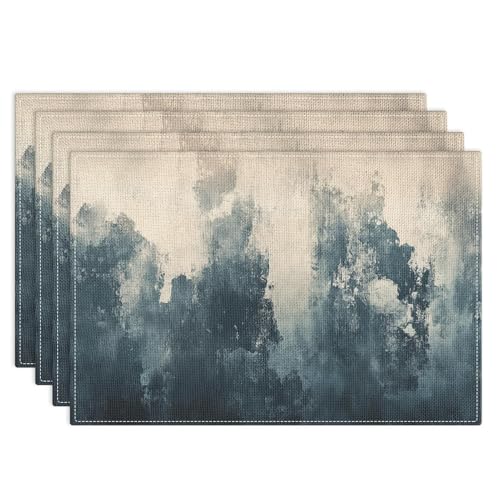 Emvency Farmhouse Placemats Set of 4, 12x18 Inch, Dark Blue and Beige | Abstract Vintage Art Painting Table Mats for Outdoor Home Party Kitchen Dining Decoration - color: Abstract Blue Beige, size: Set of 4