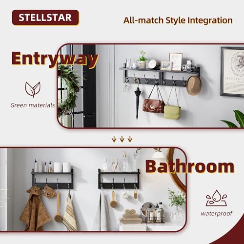STELLSTAR Coat Rack with Shelf, 2 Pack Bamboo Wall-Mounted Coat Hanger with 8 Hooks for Entryway, Hallway, Kitchen, Bathroom, Living Room, Utility Room (Black) - color: Black