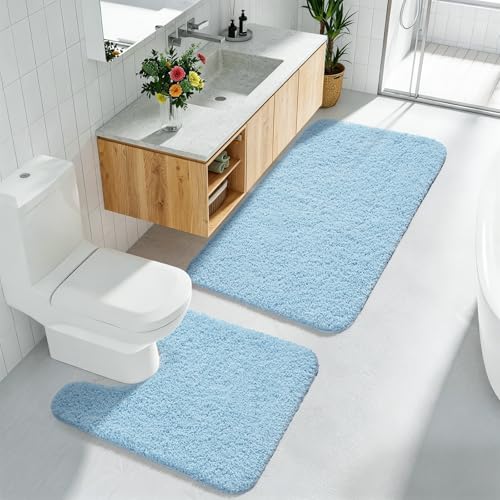 Light Blue Bathroom Rug Set 2 Piece Bath Mat 21x34 U Shape Toilet Rug 21x21 | Absorbent,Washable,Non Slip Bathroom Rugs Sets,Contour Mat for Toilet - color: Light Blue
