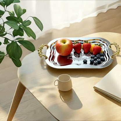 Silver Serving Tray With Handles – BBQ Tray Decorative Platters for Wedding Anniversary Birthday Holiday Gatherings Buffet Charcuterie Serving Rectangular 2 Pack