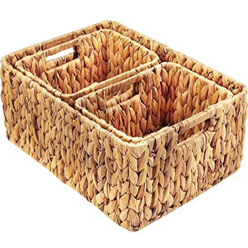 HOONEX Water Hyacinth Storage Baskets, Wicker Baskets for Storage, Hand Woven Baskets with Carry Handles, Set of 3, Natural - color: Natural (Water Hyacinth), size: 17 x 12.2 x 7.5 inches