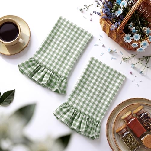 HunnmingRe Green Kitchen Towels Set of 2, 100% Cotton Ruffled Gingham Dish Towels 18"x28" Absorbent Tea Cloths Classic Plaid Pattern for Farmhouse Charm, Drying Dishes, Entertaining Guests - color: Green, style: Gingham
