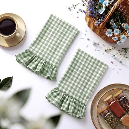 HunnmingRe Green Kitchen Towels Set of 2, 100% Cotton Ruffled Gingham Dish Towels 18"x28" Absorbent Tea Cloths Classic Plaid Pattern for Farmhouse Charm, Drying Dishes, Entertaining Guests - color: Green, style: Gingham