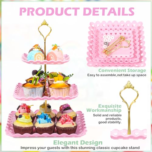 6 Pcs 3 Tier Cupcake Stand Tea Party Trays 3 Tier Serving Tray Plastic Dessert Stand Cake Fruit Candy Display Tower for Wedding Birthday Tea Party (Square,White,Pink,Green) - color: White,pink,green, size: Square